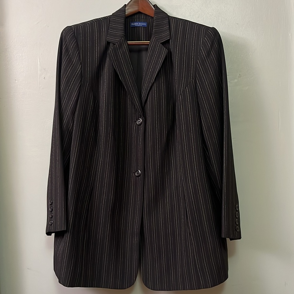Karen Scott Woman 2 button black blazer with white pin stripes
